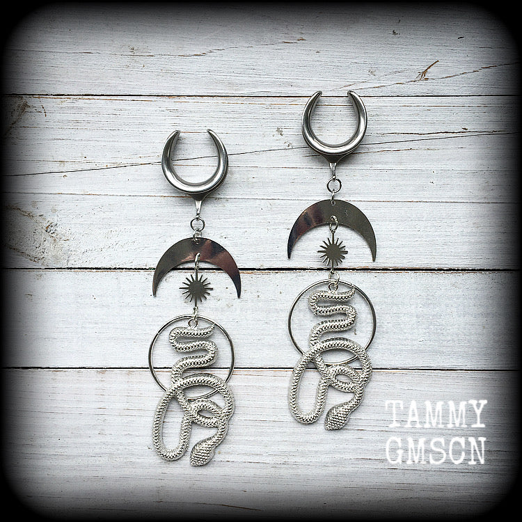 Snake and crescent moon gauged earrings 3/4” ear weights Serpent ear hangers Body jewelry Stretched lobes Stretched ears Gauged earrings Gauged ears Occult earrings Witchy Occult ear hangers Serpent ear weights Snake ear weights Occult jewelry