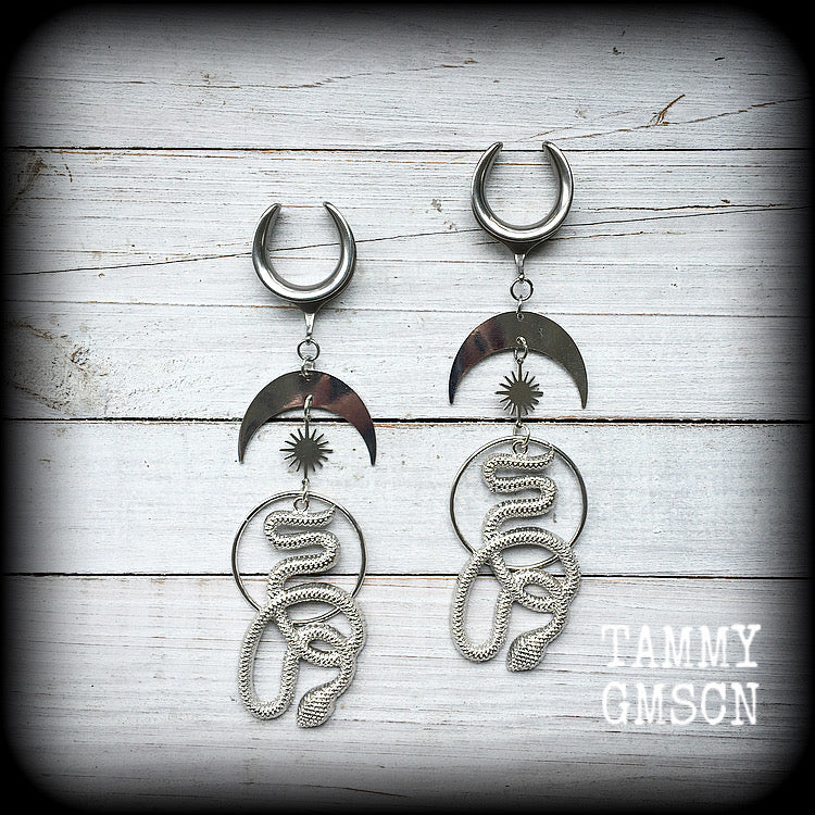 Snake and crescent moon gauged earrings