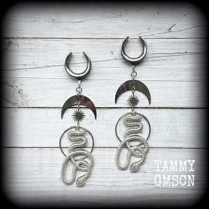 Snake and crescent moon gauged earrings 3/4” ear weights Serpent ear hangers Body jewelry Stretched lobes Stretched ears Gauged earrings Gauged ears Occult earrings Witchy Occult ear hangers Serpent ear weights Snake ear weights Occult jewelry