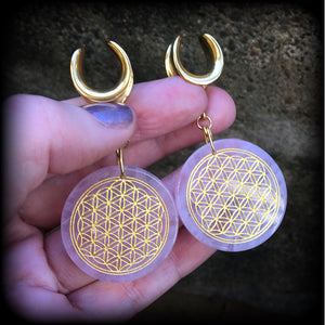 Rose quartz gauged earrings-Flower of life earrings