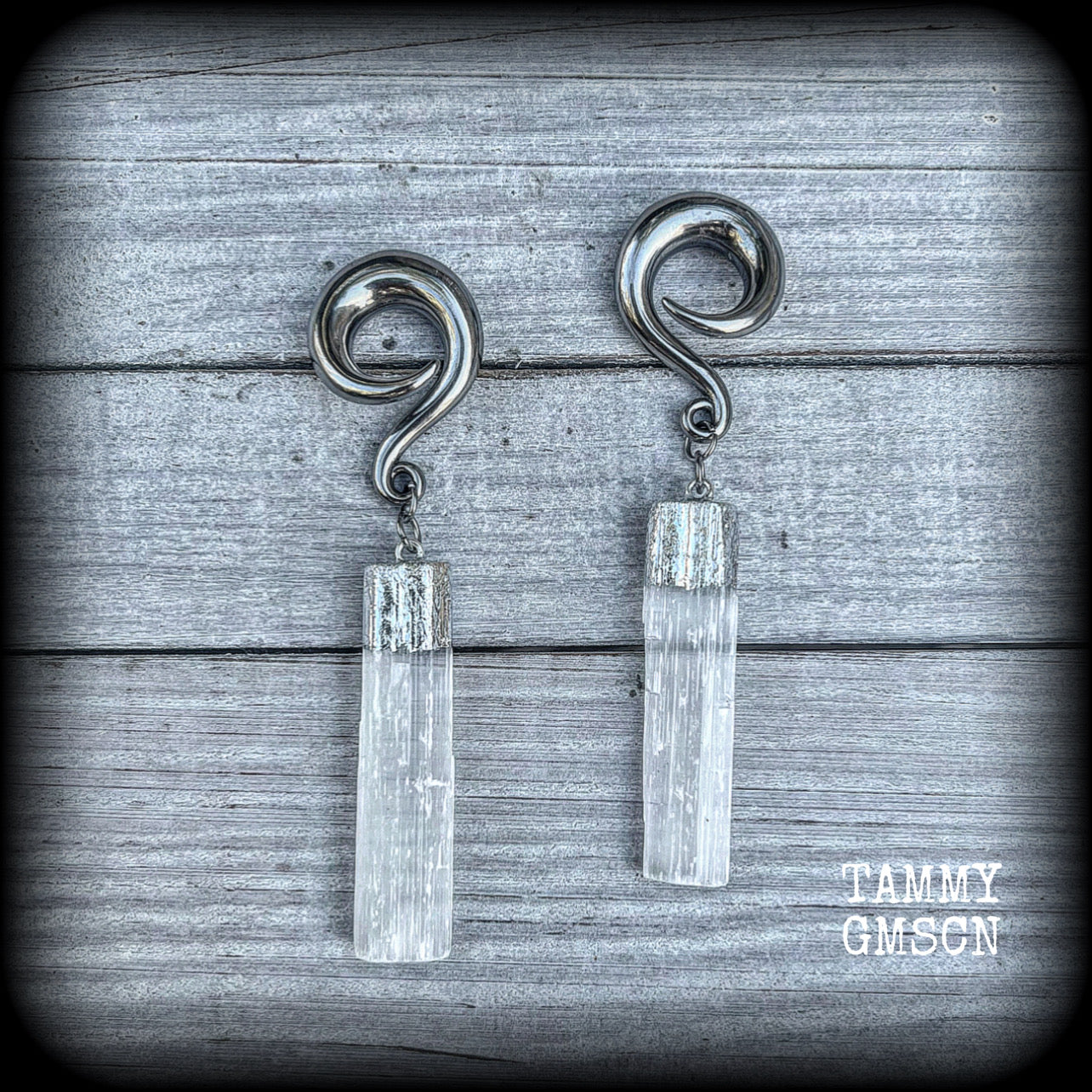 Selenite gauged earrings