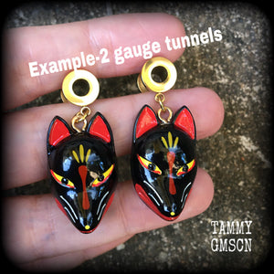 Black kitsune tunnel earrings-Japanese earrings