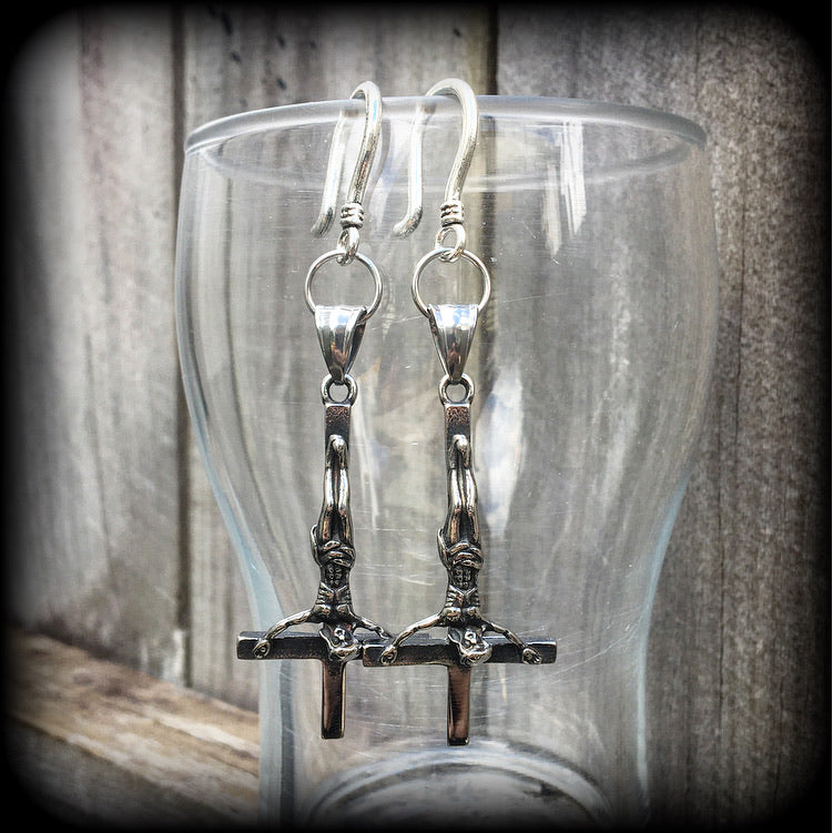 Inverted cross earrings-Ear hangers-Satanic jewelry