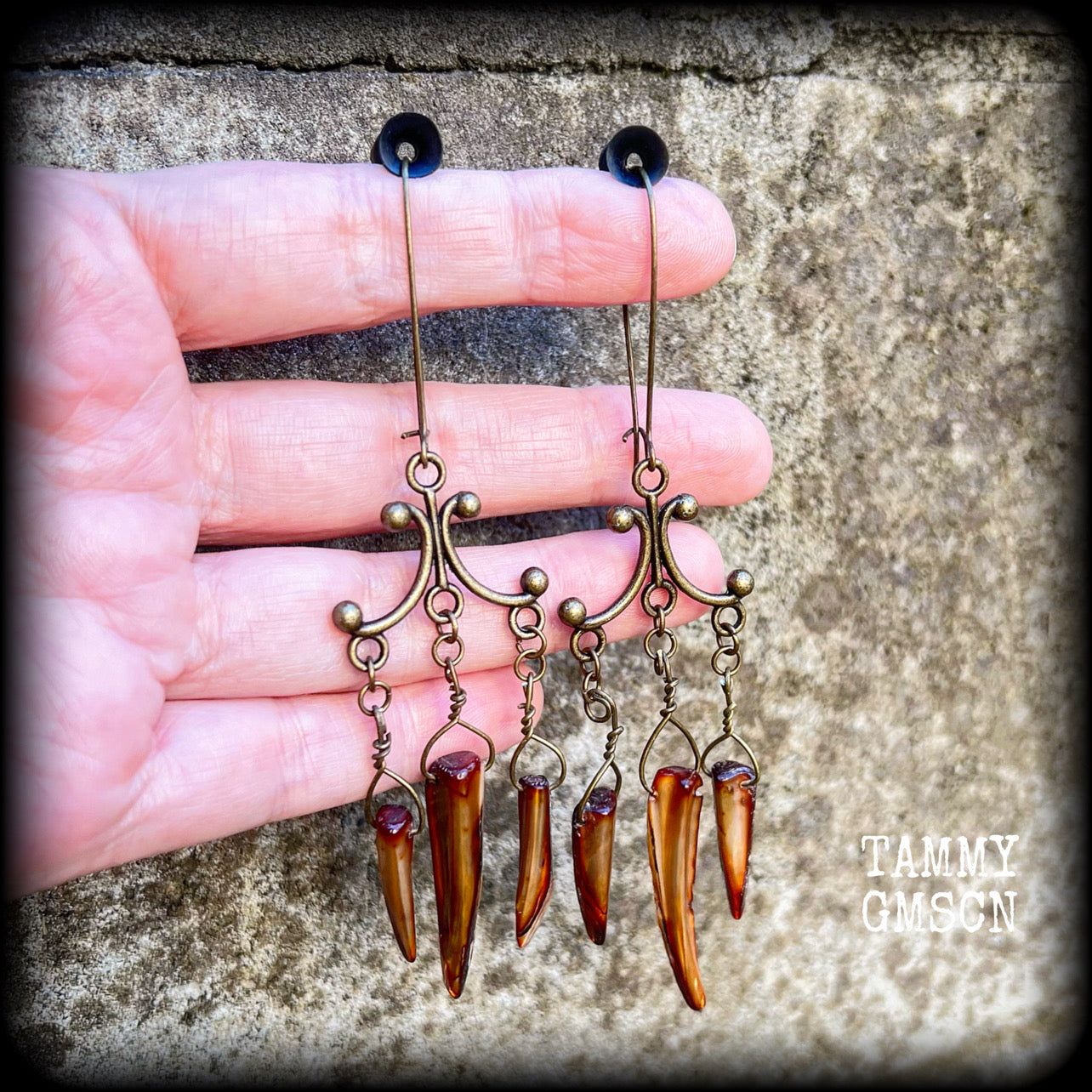 Antique bronze and shell tusk earrings