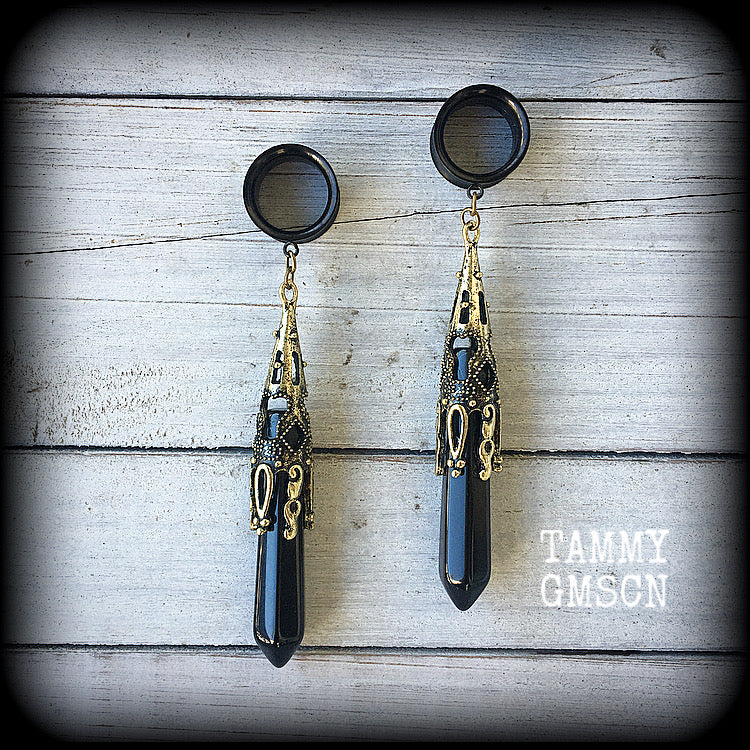 Black obsidian tunnel dangles-Gemstone ear gauges