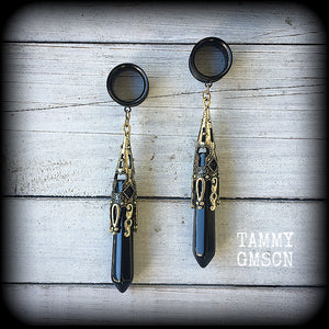 Black obsidian tunnel dangles-Gemstone ear gauges