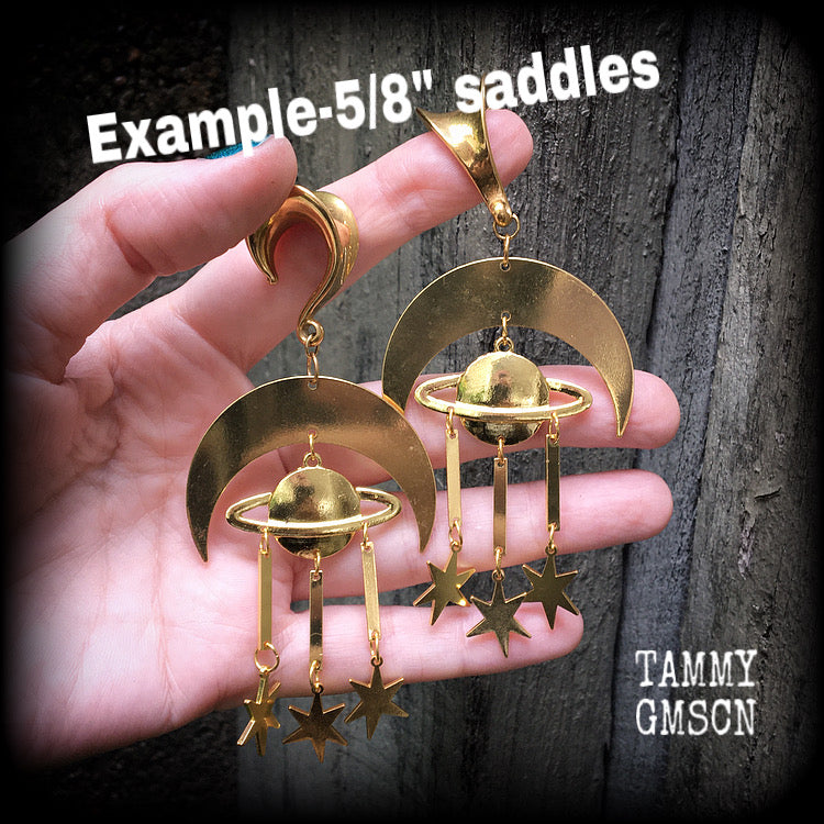 Crescent moon and celestial bodies gauged earrings