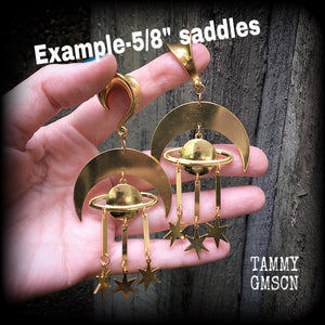 Crescent moon and celestial bodies gauged earrings