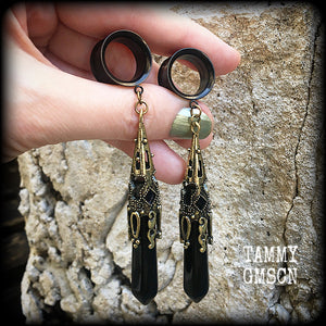 Black obsidian tunnel dangles-Gemstone ear gauges