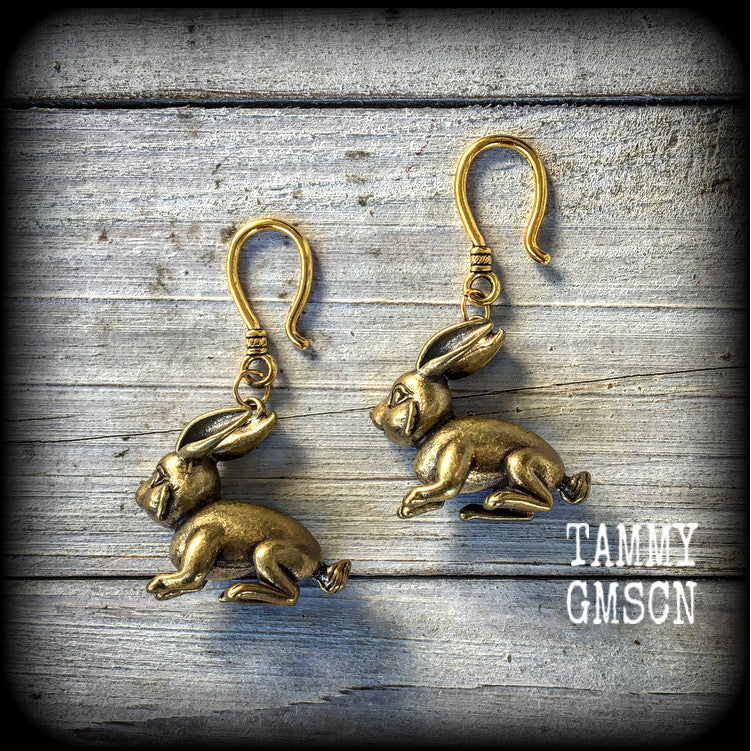 Brass rabbit gauged earrings