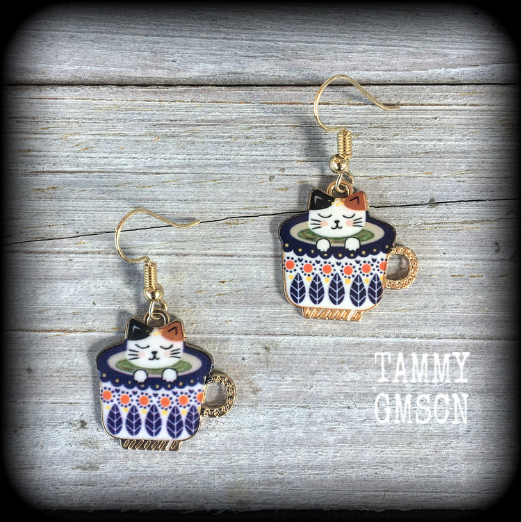 Cat earrings-Folk art teapot earrings