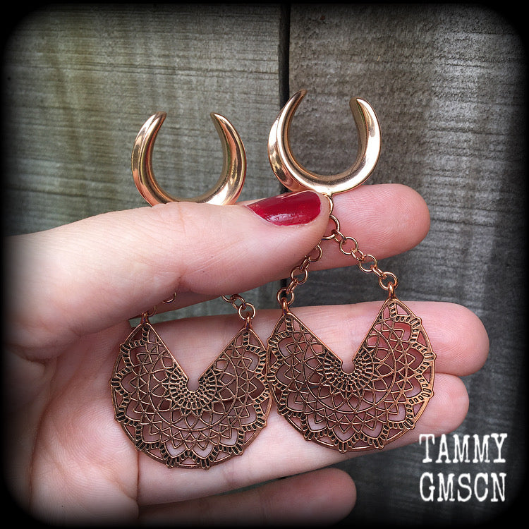 Rose gold tone mandala gauged earrings-Cradle weights