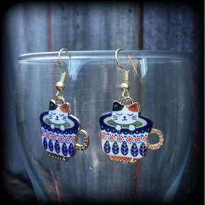 Cat earrings-Folk art teapot earrings