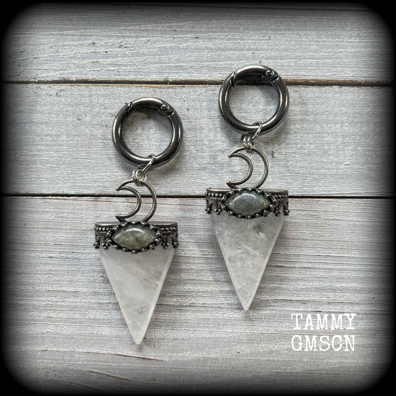 Clear quartz and Labradorite earrings-Ear weights-Ear hangers