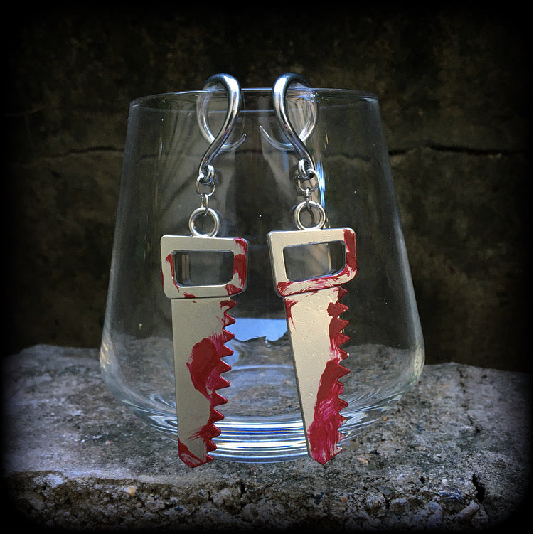 Bloodied bone saw ear hangers-Halloween earrings