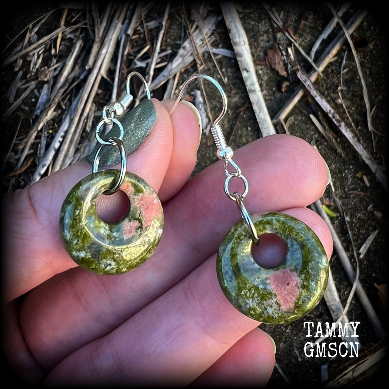 Unakite earrings Gemstone earrings Gemstone ear weights Unakite jewelry Hagstones Hag stone earrings Witches stones Adder stones Ear gauges Body jewelry Tunnels Plugs Stretched