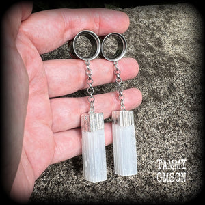 Selenite tunnel earrings-Gemstone tunnels