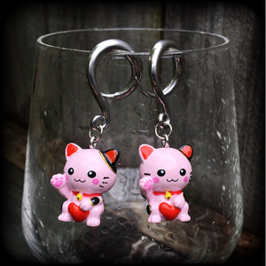 Pink Maneki Neko gauged earrings