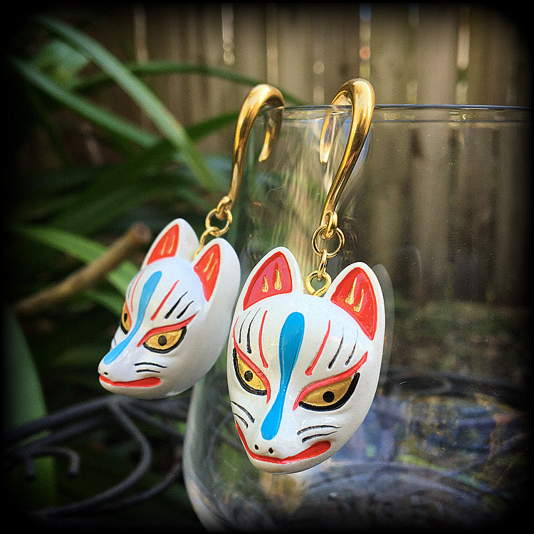 White kitsune gauged earrings-Wood earrings