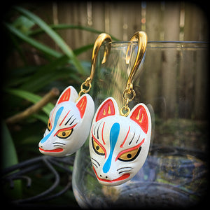 White kitsune gauged earrings-Wood earrings