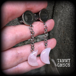 Rose quartz crescent moon tunnel dangles