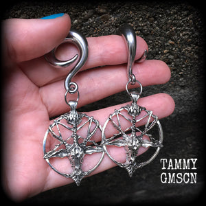 Antique silver Baphomet gauged earrings-Occult ear hangers