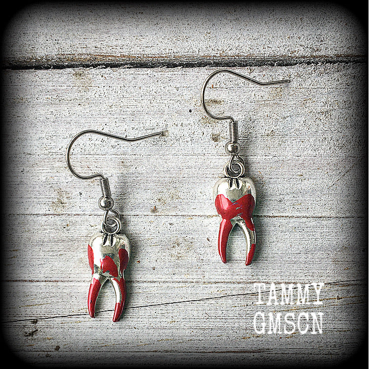 Bloodied tooth earrings-Halloween teeth earrings