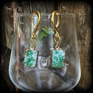 Deep green druzy gauged earrings