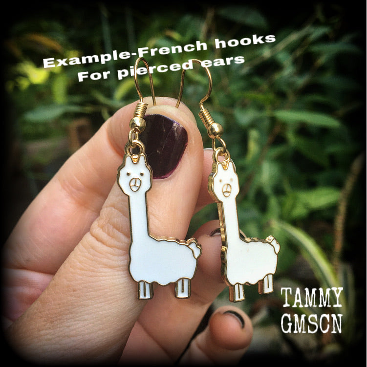 Llama earrings Alapaca earrings Animal earrings Quirky earrings Alapaca jewelry Cute earrings Camels Mammals Pet earrings Gifts for girls Pierced ears Ear gauges Party favours Christmas gifts Birthday gifts