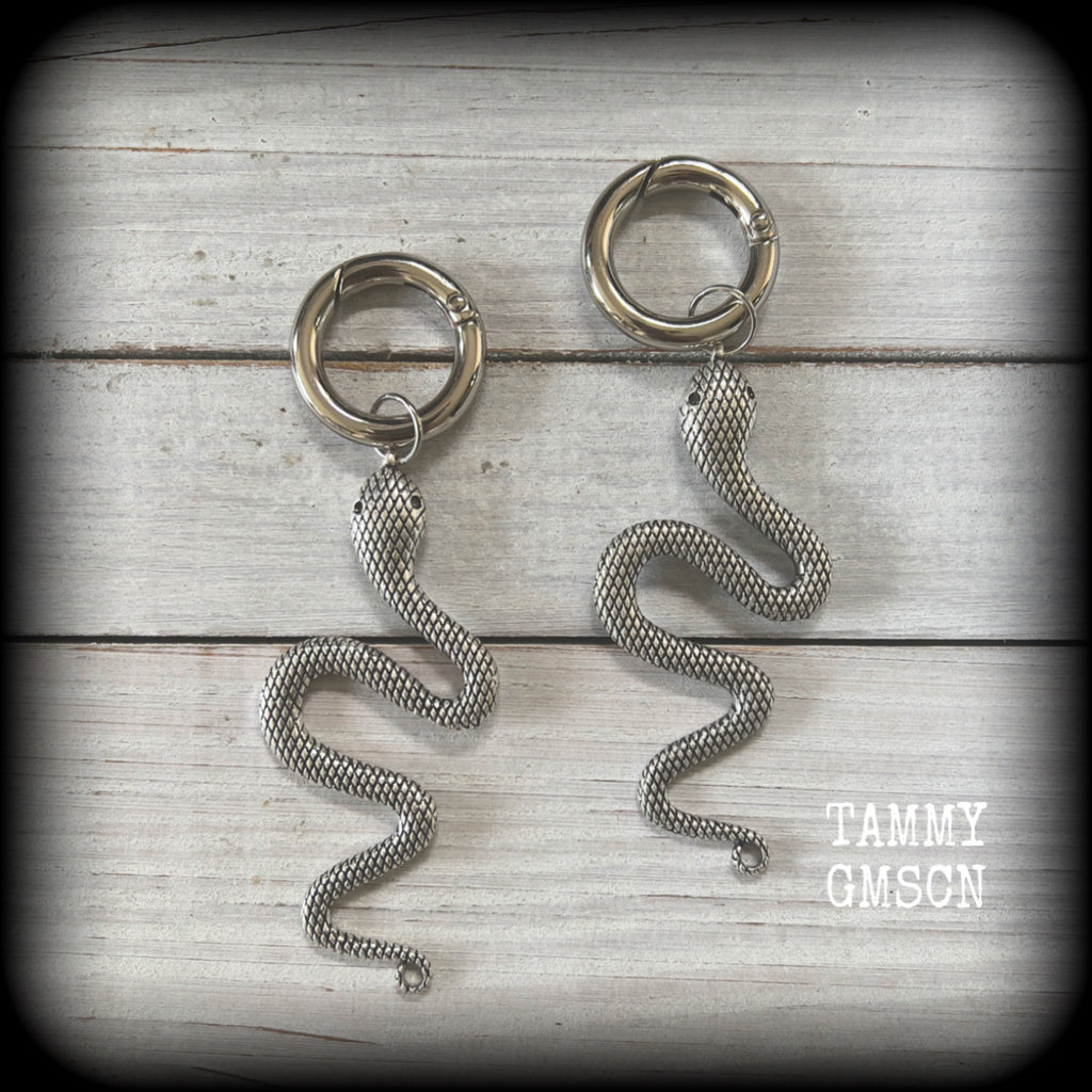 Silver snake gauged hoop earrings-Snap rings