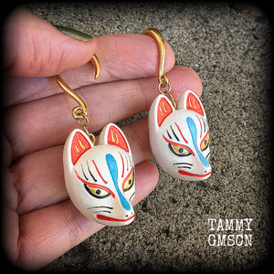 White kitsune gauged earrings-Wood earrings