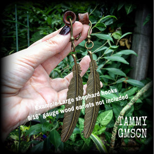 Feather ear hangers-Bronze feather earrings