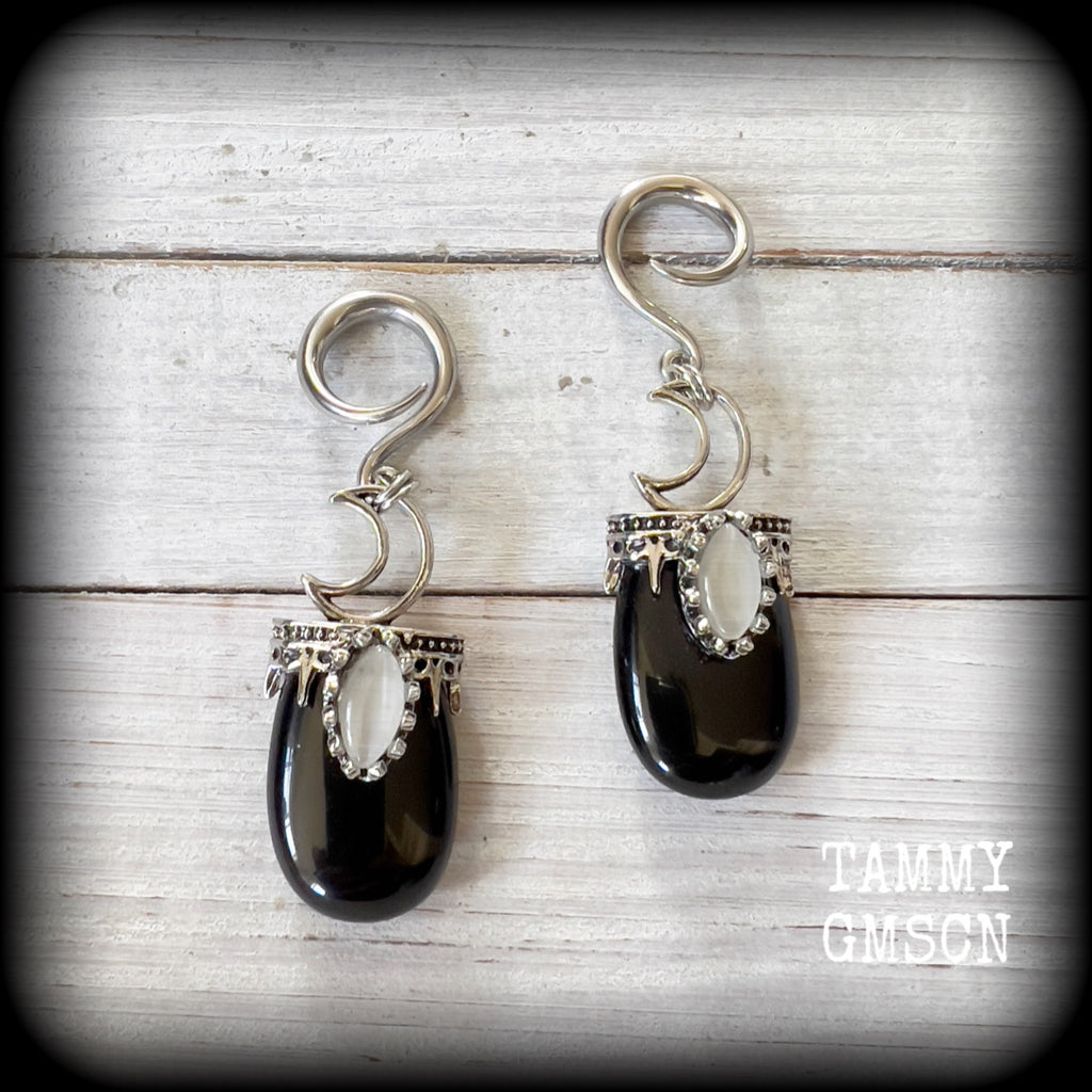 Black obsidian and crescent moon gauged earrings