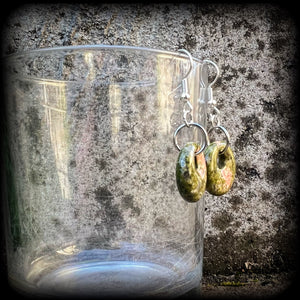 Unakite earrings Gemstone earrings Gemstone ear weights Unakite jewelry Hagstones Hag stone earrings Witches stones Adder stones Ear gauges Body jewelry Tunnels Plugs Stretched