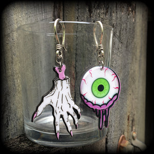 Eyeball and severed hand earrings-Zombie earrings