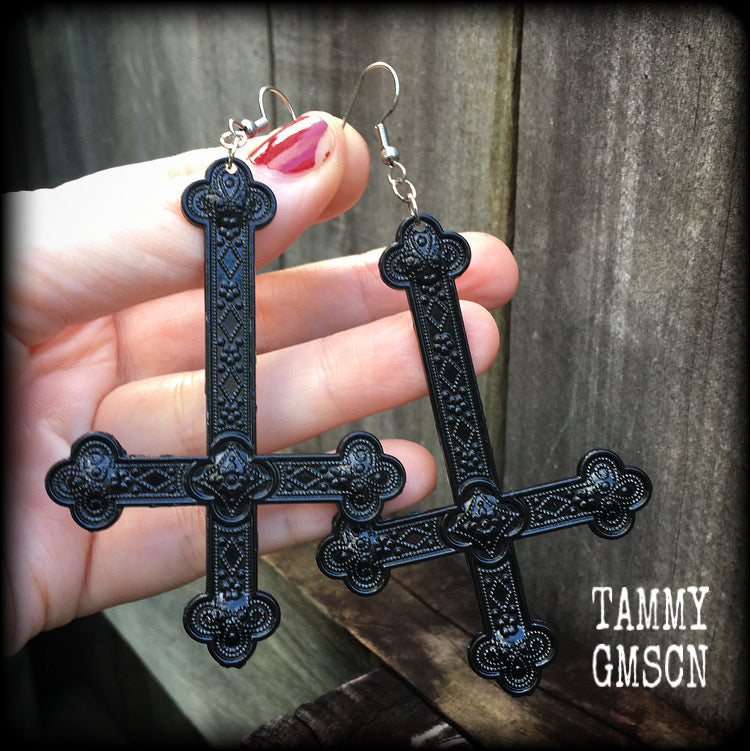 Ornate black inverted cross earrings