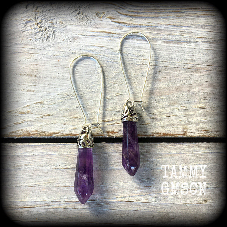 Amethyst earrings Amethyst body jewelry Gemstone earrings Gemstone ear hangers Pierced ears Stretched lobes Gauged earrings Tunnels
