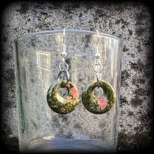 Unakite earrings Gemstone earrings Gemstone ear weights Unakite jewelry Hagstones Hag stone earrings Witches stones Adder stones Ear gauges Body jewelry Tunnels Plugs Stretched