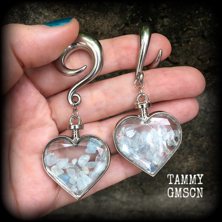 Aquamarine heart gauged earrings