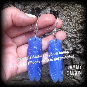 Blue jade cicada earrings-Gemstone insect ear hangers