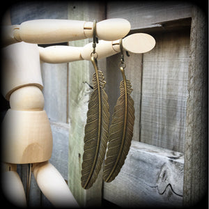 Bronze feather earrings-Harpy ear hangers