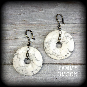 White stone and antique bronze gauged earrings-Ear weights