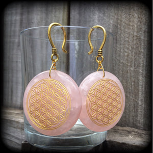 Rose Quartz ear weights-Flower of Life earrings