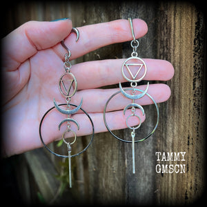 Geometric hoop and sigil gauged earrings-Inverted triangle occult earrings