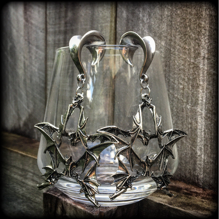 Bat pentagram gauged earrings