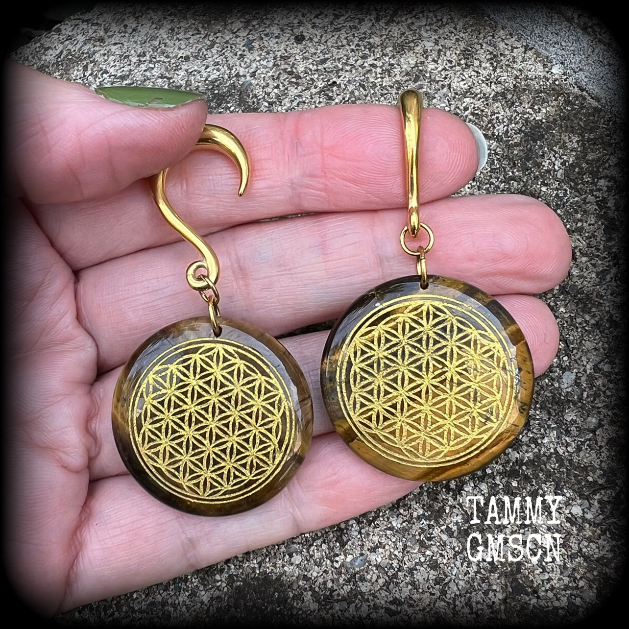 Tigers eye gemstone gauged earrings-Flower of life ear weights