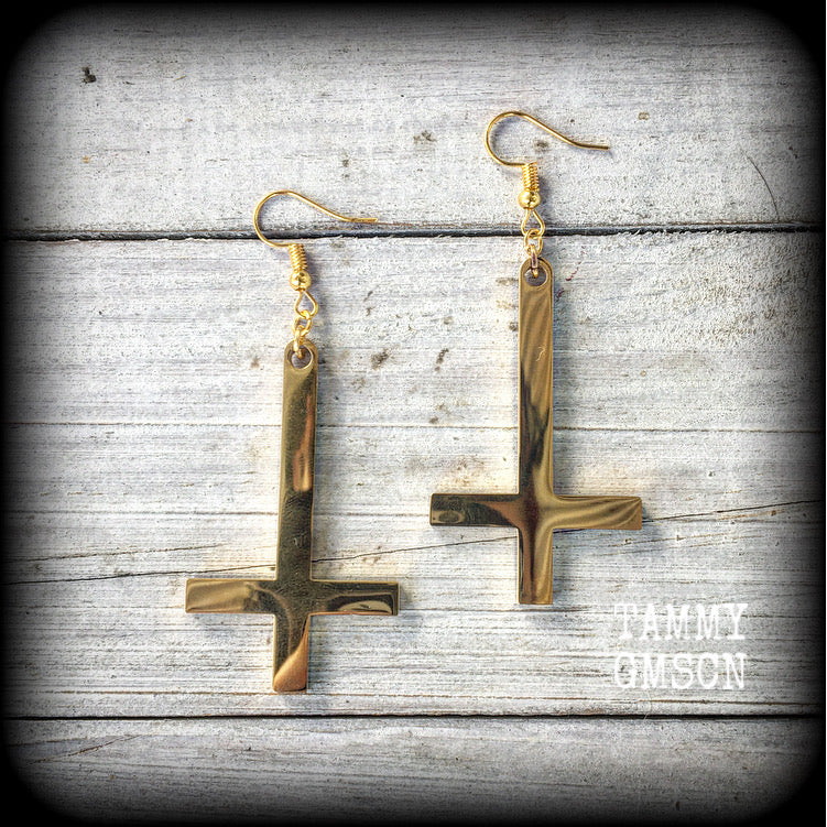 Inverted Cross earrings St Peters Cross Upside down cross Church of Satan Satanic earrings Satanic jewelry Occult earrings Pierced ears Occult jewelry Black magick Dark arts Ritual jewelry Coven jewelry Witchy Pagan Druid Gothic Emo
