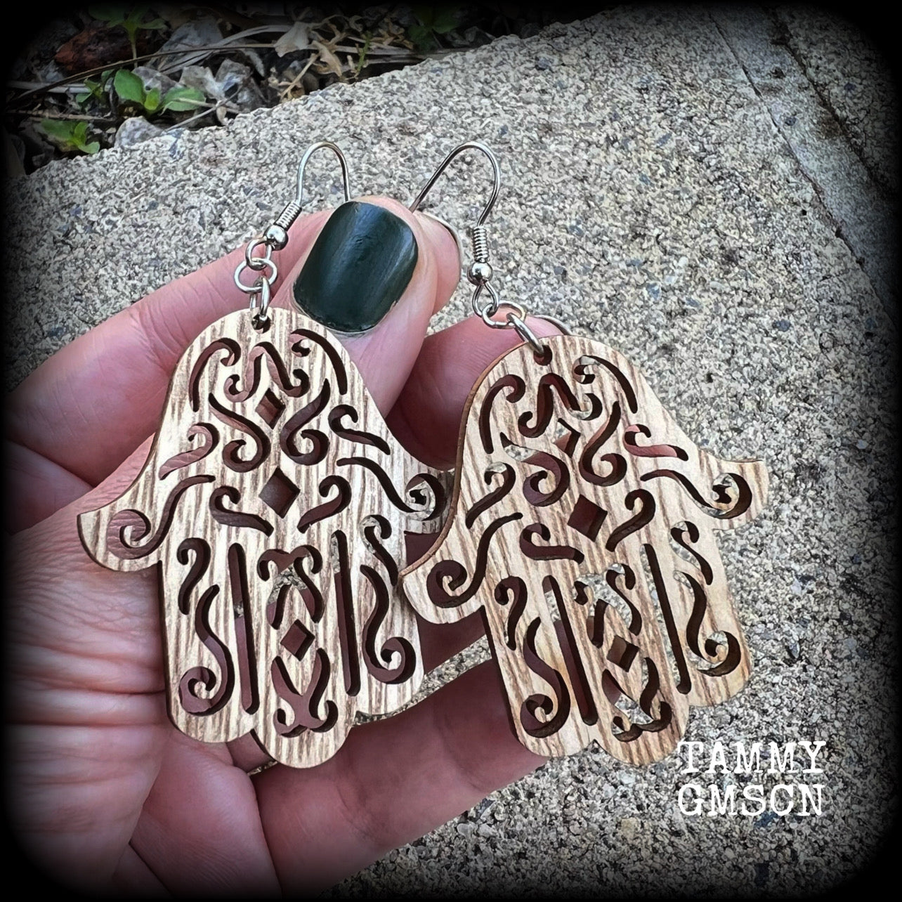 Hamsa hand earrings-Wood earrings