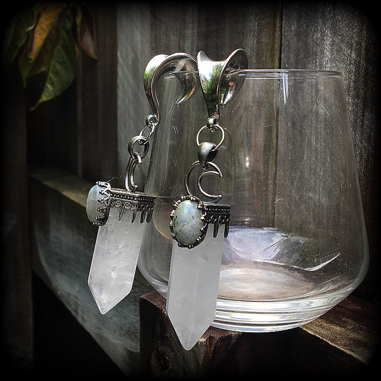 Clear quartz and labradorite gauged earrings