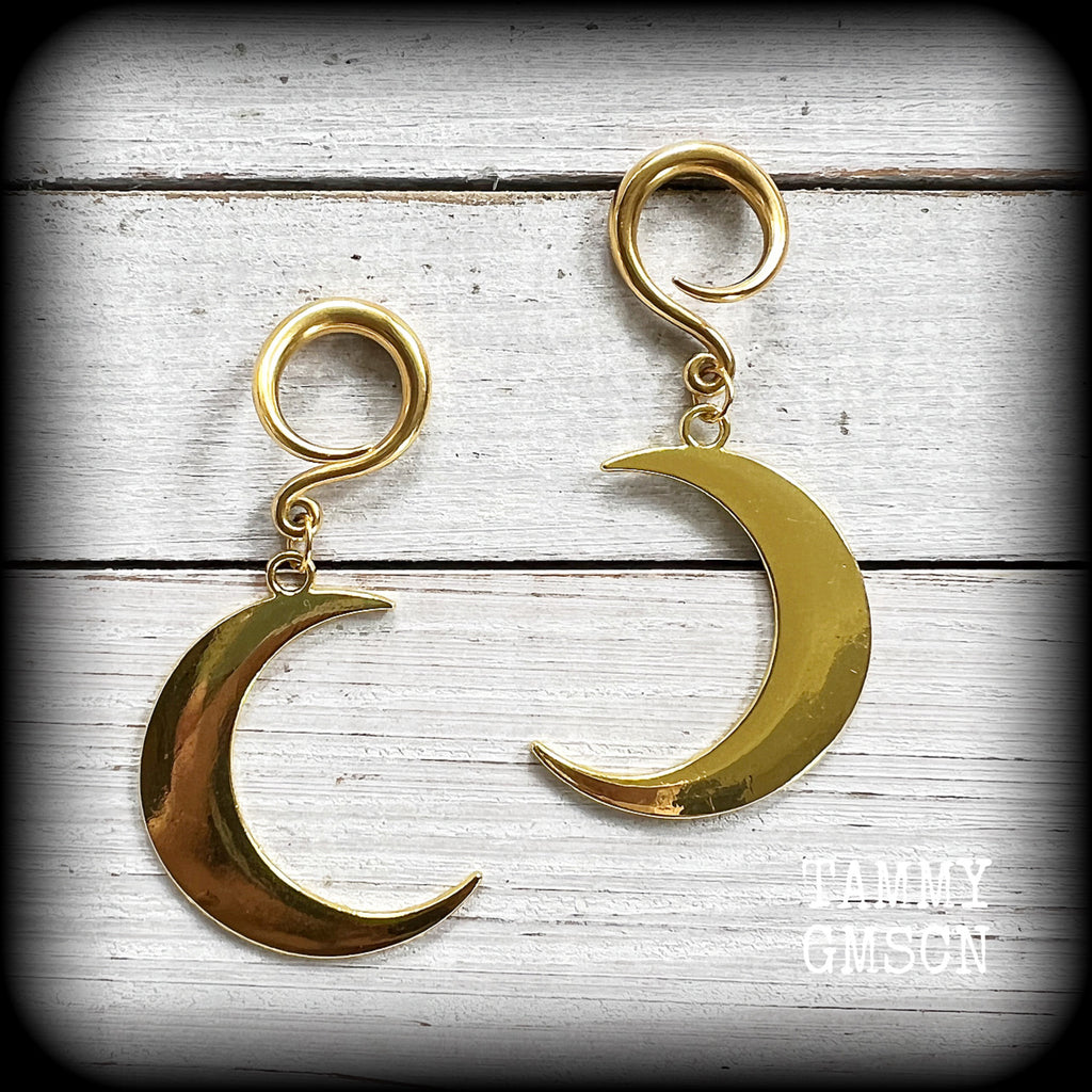 Crescent moon ear hangers Crescent moon gauged earrings Ear hangers 6 gauge ear weights Black Friday Body jewelry Stretched lobes 6g 2g 0g 00g 1/2" 9/16" 5/8" 7/8" 1" 1.10" 1.18" Coven earrings Occult earrings Whimsigoth Whimsygoth Cottagecore Witchy jewelry Occult jewelry